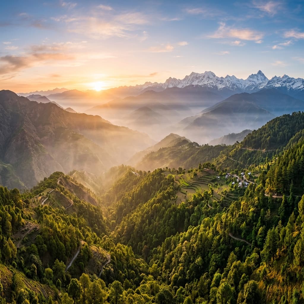 Himalayan landscape near Almora: forested slopes and distant peaks